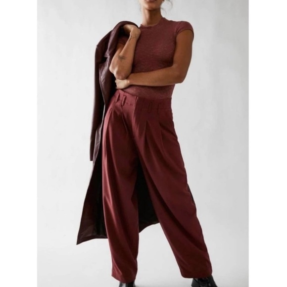 Free People- Calla Tailored Trousers Size 0 Maroon - Picture 2 of 12